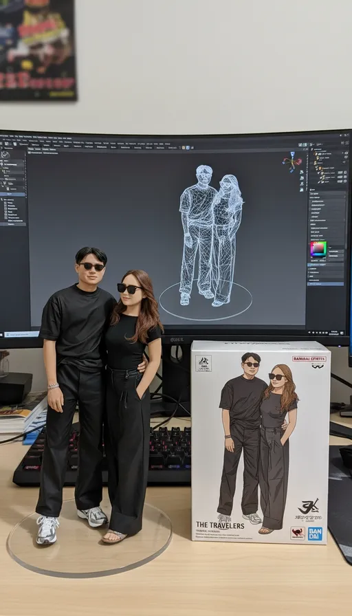 Prompt: Create a 1/7 scale commercialized figurine of the characters in the picture, in a realistic style, in a real environment.
The figurine is placed on a computer desk. The figurine has a round transparent acrylic base, with no text on the base. The content on the computer screen is the brush modeling process of this figurine. Next to the computer screen is a BANDAl-style toy packaging box printed with the original artwork., The packaging features two-dimensional flat illustrations.Maintain consistency with the image.