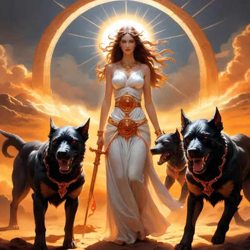 Prompt: A powerful goddess leading the  Cerberus with the sunlight shining 