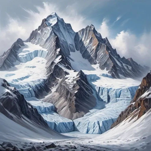 Prompt: Glacier mountain of the Andes, two peaks, painting effect, high resolution, oil painting, snowy landscape, majestic peaks, tranquil atmosphere, cold tones, detailed snowy texture, professional, artistic