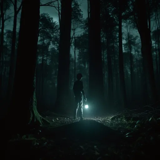 Prompt: [Opening shot: A dark forest with eerie sounds, crickets chirping, and a faint rustling in the distance. The camera slowly zooms in on a shadowy figure holding a flashlight.]
