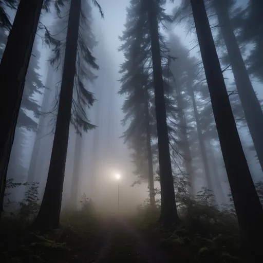 Prompt: [Cut to a POV shot of the flashlight flickering, illuminating tall trees and thick fog. A distant whisper echoes: "Turn back..."]