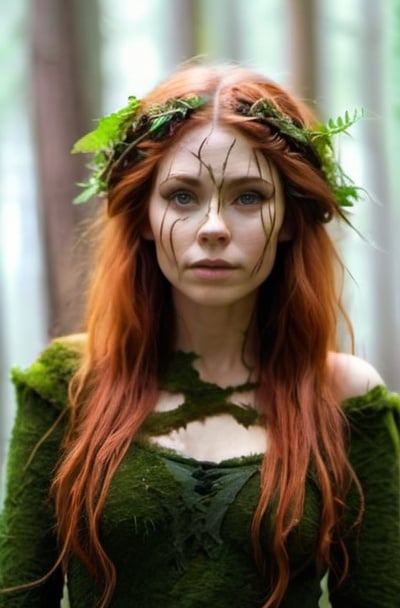 Prompt: A full length portrait photo of a young adult dryad woman.  Her hair is auburn, her body is covered in bark and vines.  She appears to be part human and part cypress tree.  She is standing in a beautiful enchanted forest 