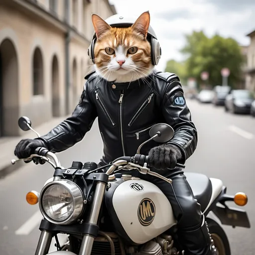 Prompt: Un chat en costume assis sur une moto, porta t de casque