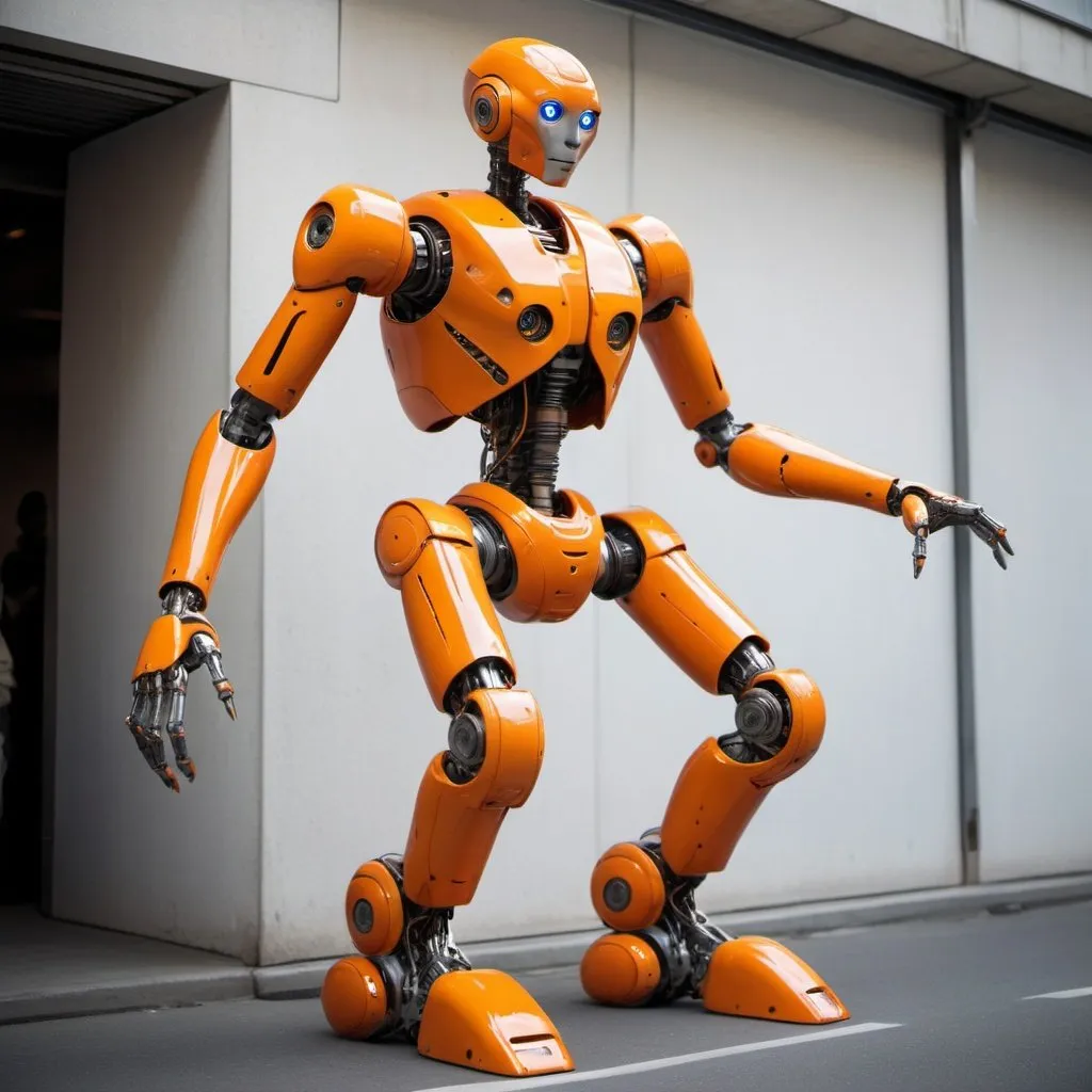 Prompt: coolest, very flexible, humanoid,  2 meters tall, terrifying, futurism, orange robot