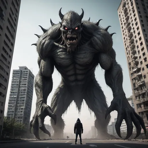 Prompt: a 200 meters high really scarry monster standing among the buildings in the city
