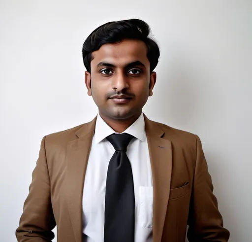 Prompt: a man in a brown jacket and a white shirt and a black tie and a white wall and a white wall, Bikash Bhattacharjee, hurufiyya, professional photo, a picture