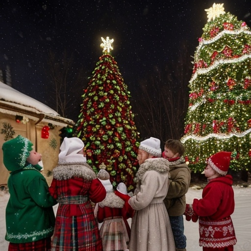 Prompt: A traditional Ukrainian Christmas scene featuring a beautifully decorated Christmas tree with handmade ornaments and fairy lights. Children dressed in colorful vyshyvanka shirts and winter clothing are gathered around the tree, singing carols and placing ornaments. The atmosphere is warm and festive, with soft snowflakes falling gently under a starry night sky.