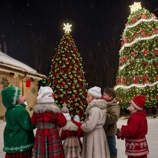 Prompt: A traditional Ukrainian Christmas scene featuring a beautifully decorated Christmas tree with handmade ornaments and fairy lights. Children dressed in colorful vyshyvanka shirts and winter clothing are gathered around the tree, singing carols and placing ornaments. The atmosphere is warm and festive, with soft snowflakes falling gently under a starry night sky.