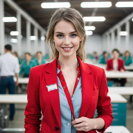 Prompt: A beautiful model with very fair skin is wearing a red blazer, styled with Western hair, and has a measuring tape around her neck. She is smiling and looking directly into the camera, with a modern garment factory in the backdrop.