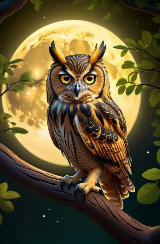 Prompt: owl with big eyes perched on a branch, full moon night, wooden color tones, lush green leaves, glowing yellow moonlight, serene atmosphere, nature scene, tranquil night, detailed feather texture, ultra-detailed, 4K quality, cinematic lighting, vivid contrasts, enchanting ambiance, beautiful intricacies of the night sky, magical setting