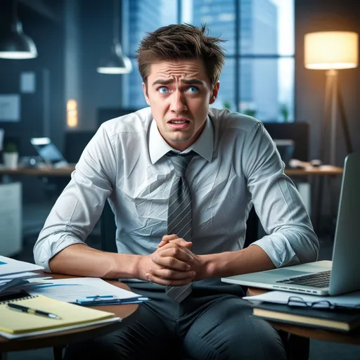 Prompt: Create an image of a young businessman in his early twenties, sitting at a cluttered desk with scattered papers and a laptop, surrounded by a dimly lit urban office background, expressing a worried and overwhelmed facial expression with furrowed eyebrows, pursed lips, and a slightly downturned mouth, his short brown hair disheveled, and his bright blue eyes filled with anxiety, wearing a wrinkled white dress shirt with a loose tie, and a pair of dark gray trousers, with a few pens and a notebook in front of him, as if he's trying to solve a complex problem, the atmosphere is tense and stressful, with a subtle warm glow from a nearby table lamp, highlighting the subject's struggles and frustrations, convey a sense of being trapped in thoughts, and unable to find a solution.