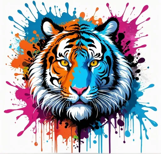 Prompt: Colorful graffiti illustration of a tiger, Fractals, vibrant paint splashes, vector t-shirt art, high quality, graffiti style, vibrant colors, dynamic pose, detailed scales, expressive eyes, white background, vector art, professional, bright lighting