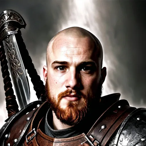 Prompt: Tall, strong human male warrior, bald head, auburn beard, full-body leather armor, sword, axe, detailed fantasy art, highres, battle-ready, Dungeons and Dragons, intense battlefield, leather armor, realistic, detailed facial hair, professional, fantasy, action-packed, dramatic lighting, intense atmosphere