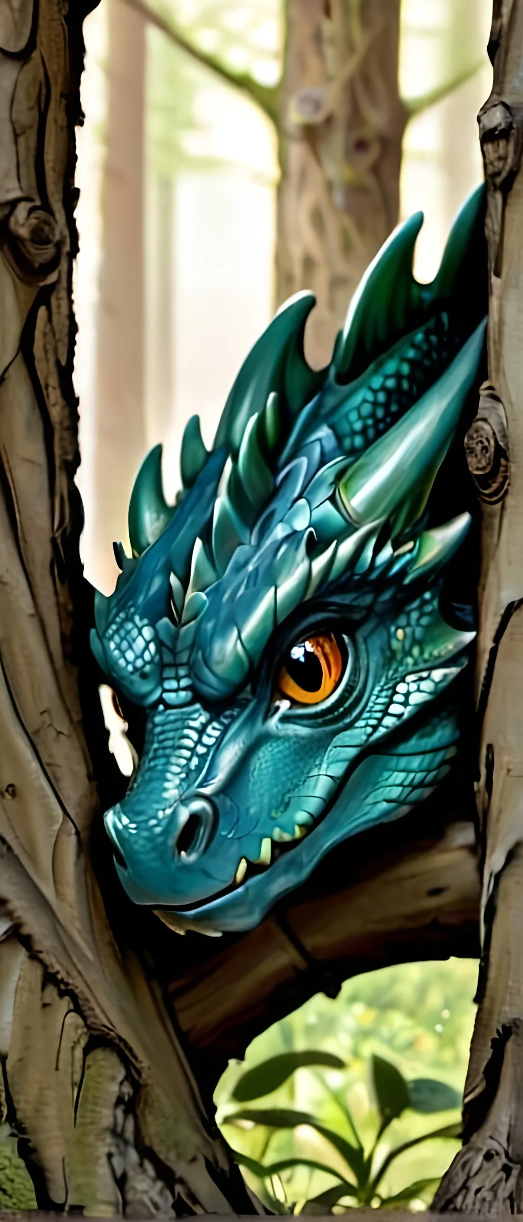 Prompt: looking through a stand of trees, young dragon peeks around a tree, wideview