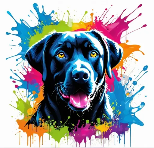 Prompt: Colorful graffiti illustration of a black lab, Fractals  vibrant paint splashes, vector t-shirt art, high quality, graffiti style, vibrant colors, dynamic pose, detailed scales, expressive eyes, white background, vector art, professional, bright lighting