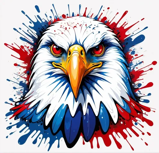 Prompt: Colorful graffiti illustration of an eagle, Fractals, vibrant paint splashes, red white and blue, vector t-shirt art, high quality, graffiti style, vibrant colors, dynamic pose, detailed scales, expressive eyes, white background, vector art, professional, bright lighting