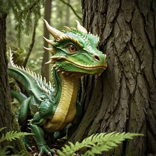 Prompt: looking through a stand of trees, young dragon peeks around a tree, wideview