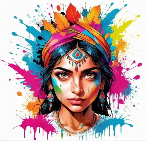 Prompt: Colorful graffiti illustration of an Indian girl, Fractals  vibrant paint splashes, vector t-shirt art, high quality, graffiti style, vibrant colors, dynamic pose, detailed scales, expressive eyes, white background, vector art, professional, bright lighting