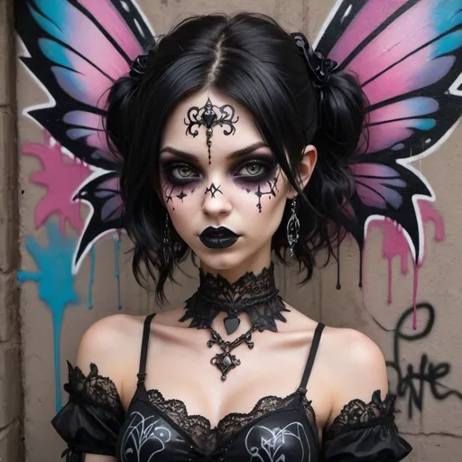 Prompt: A graffiti female character custom art - Gothic, fairy, rave