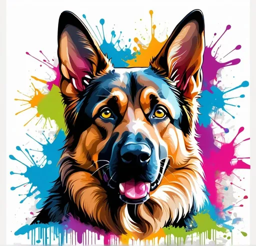 Prompt: Colorful graffiti illustration of a german shepherd, Fractals  vibrant paint splashes, vector t-shirt art, high quality, graffiti style, vibrant colors, dynamic pose, detailed scales, expressive eyes, white background, vector art, professional, bright lighting