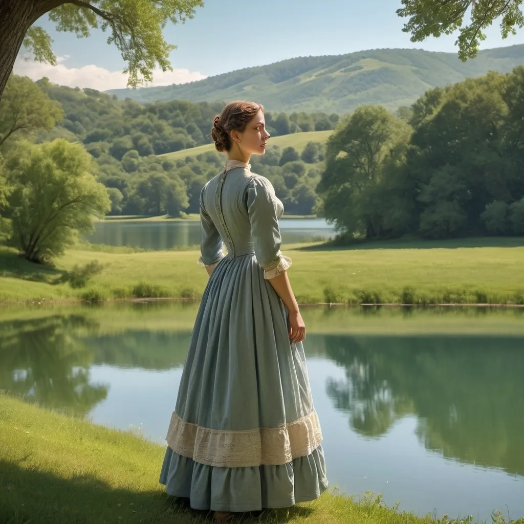 Prompt: (1850s woman standing), serene landscape, tranquil lake, lush green trees, rolling hills in the background, soft blue sky, warm sunlight casting gentle shadows, harmonious nature, vintage attire, flowing dress, nostalgic atmosphere, historical aesthetic, ultra-detailed, high-definition, evocative scenery, peaceful ambiance, subtly reflecting lake surface, blissful tranquility.