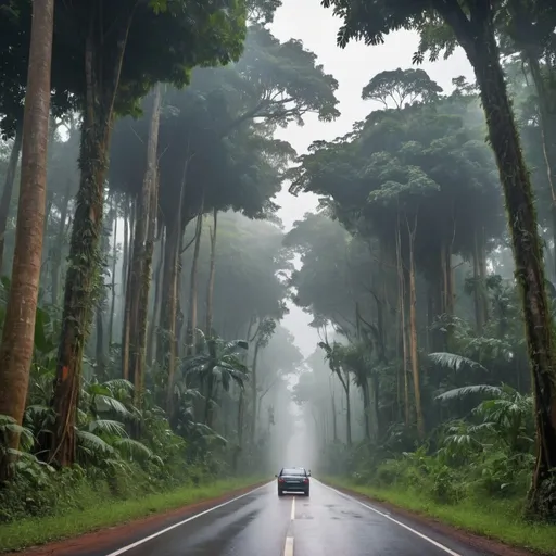 Prompt: A road in the middle of a jungle with so many high trees covering the road at early morning with a car coming from the far side 