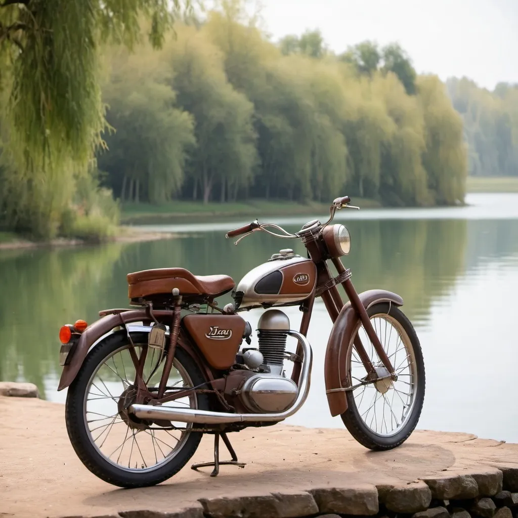 Prompt: a vintage jawa bike standing near a lake , high quality