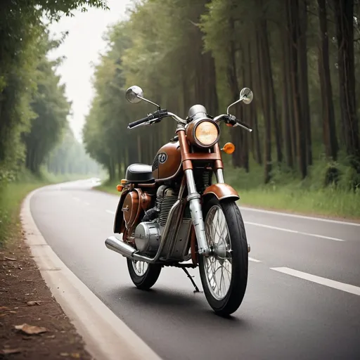 Prompt: a modern retro jawa bike stading in a highway surrounded by trees.