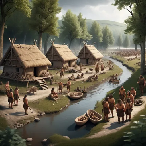 Prompt: Old village Neolithic with soldiers and people working and rivers in the forest and more details