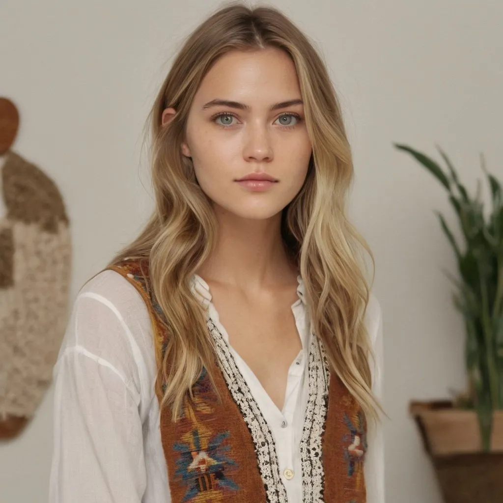 Prompt: modelo mujer joven muy, muy guapa, con pelo rubio con coleta, de perfil, ojos marrones, deben verse las orejas de la modelo, lleva blusa con estilo boho chic con bordados y está en una habitación luminosa y neutral, sin muebles