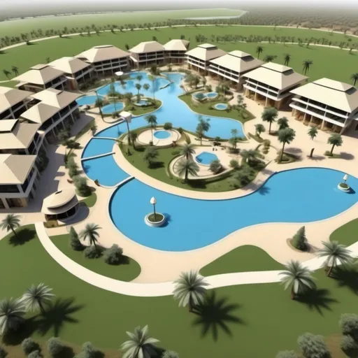 Prompt: 
5 star hotel with villas for sale
quad bike trials
boat rides along lakes
koi ponds
9 hole golf course with beautiful landscaping 
water theme park
food courts 
conference centre
zip lines
put put course
bike riding
golf carts
Beach volly ball
tennis courts 
indoor soccer courts 
obstacle training court 
paintball arena