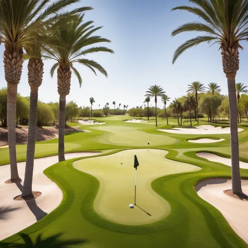 Prompt: 9 hole Golf course with palm trees 