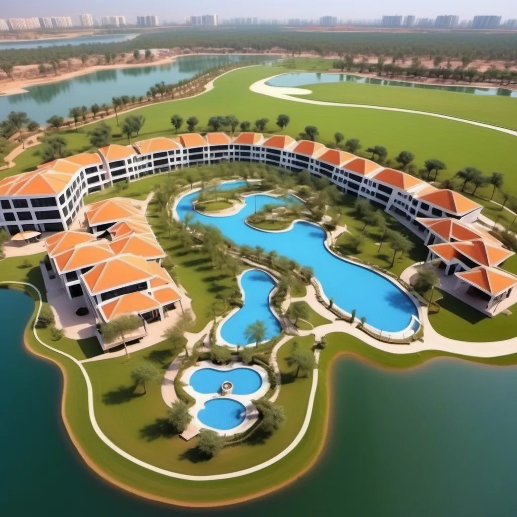 Prompt: 
5 star hotel with villas for sale
quad bike trials
boat rides along lakes
koi ponds
9 hole golf course with beautiful landscaping 
water theme park
food courts 
conference centre
zip lines
put put course
bike riding
golf carts
Beach volly ball
tennis courts 
indoor soccer courts 
obstacle training court 
paintball arena