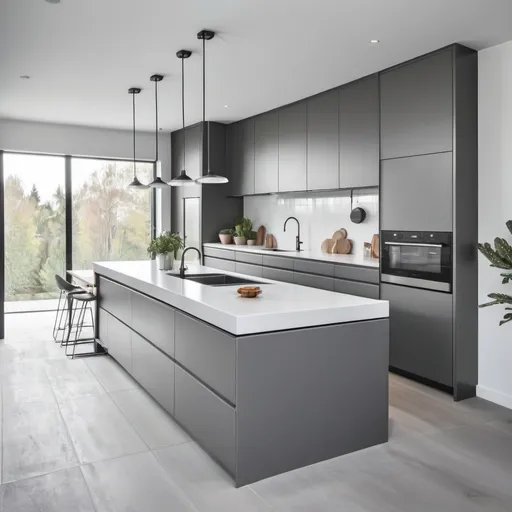 Prompt: Modern  grey kitchen with a white ceramic top