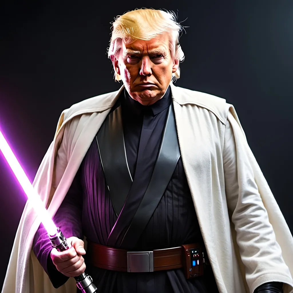 Prompt: Make Donald Trump the last jedi savior make the force apparently strong with him like he is a pure jedi with a purple light saber showcasing his strength make sure not to give him a red light saber or anything resemblance of a sith.  Give him white wardrobe. 