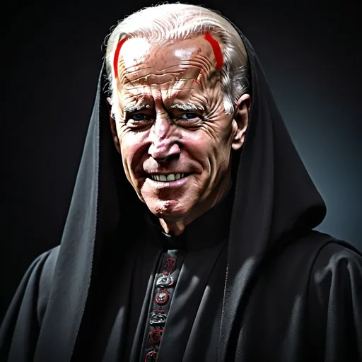 Prompt: Realistic dark Sith Lord portrait of Joe Biden, combining with Sheev Palpatine's features, sinister and evil version, Palpatine's cloak, piercing eyes, evil grin, facial markings, wrinkles, high-quality, realistic, Sith Lord, dark tones, intense lighting, detailed facial features, cloak, sinister expression