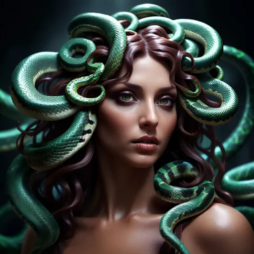 Prompt: Realistic depiction of a Medusa woman, perfect snakes, vivid lighting, dark tones, high resolution, 4k, ultra-detailed, professional, focused on face, lens blur, depth of field, detailed, intense gaze, high quality, atmospheric lighting