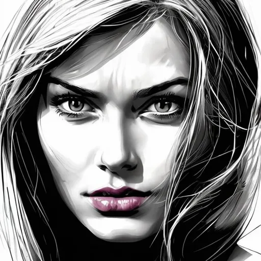 Prompt: Woman's face, up close, comic book style, black and white. Size 512 x 512.