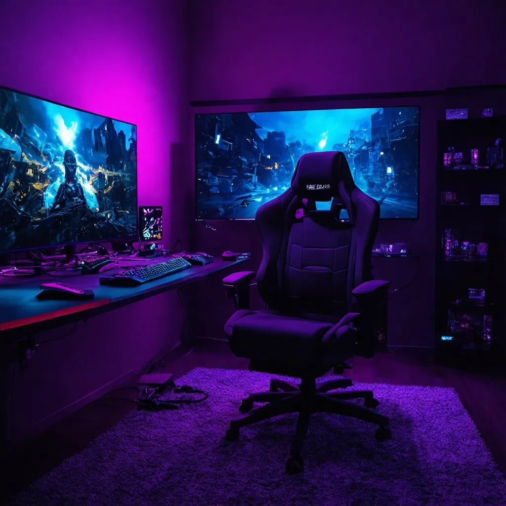 Prompt: "Generate an image of a gaming room with very cool LED lighting."















