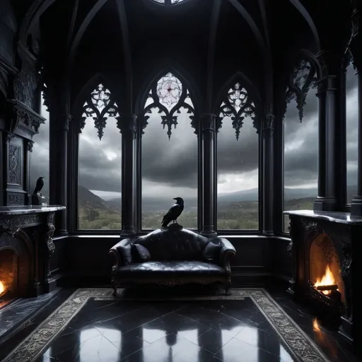 Prompt: Elaborate gothic interior with massive marble fireplace, stormy window view, detailed raven theme, high quality, gothic, intricate marble, stormy window, raven-themed, detailed interior, dramatic lighting, grandiose atmosphere