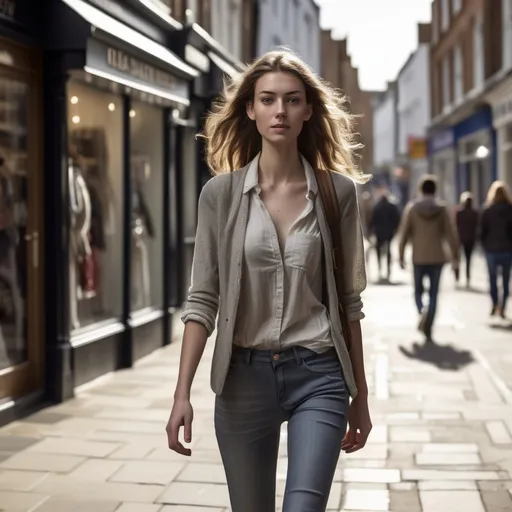 Prompt: Tall young woman walking down the high street, detailed clothing, realistic, natural lighting