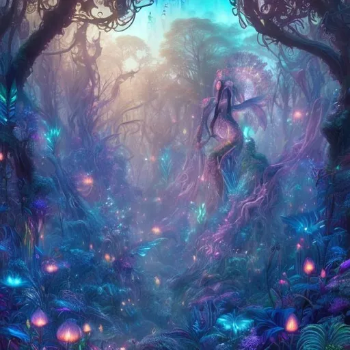 Prompt: Vibrant digital illustration of a mystical forest, magical glowing flora and fauna, enchanting fairy creatures, ethereal atmosphere, high quality, high-res, fantasy, vibrant colors, detailed fantasy creatures, digital art, whimsical, mystical lighting