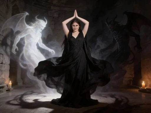 Prompt: @VO9AjFJ24S1slHNcEpOrwearing black dress is summoning demons in the style of Jean Delville