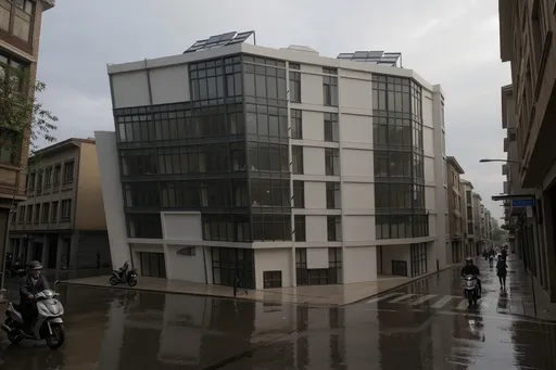 Prompt: A photorealistic architectural rendering of a modern townhouse in Vietnam,
white painted walls with gray accent walls, curved facade lines, glass railings, 
realistic daylight, soft shadows, wet street reflection, Vietnamese street context 
with motorbikes and people, overcast sky, ultra-detailed, 8K render, 
realistic materials, cinematic perspective.