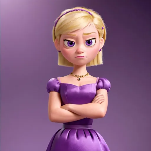 Prompt: angry princess in purple dress, short blonde hair, arms crossed