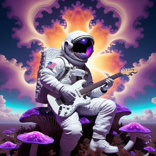 Prompt: a white Astronaut playing an electric guitar while sitting on a blue multicolored psychedelic fractal mushroom and a fractal purple sky with fractal clouds sunset