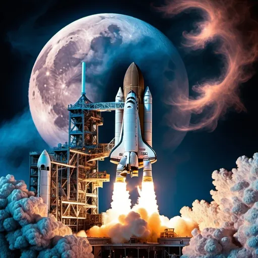 Prompt: Space shuttle launching into space with psychedelic fractal blue smoke above a fractal sunset in front of a full moon