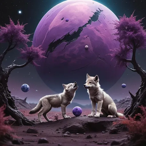 Prompt: Wolf cubs playing on a dark alien planet, there is scattered foliage on the planet, alien purple trees, two moons in the sky, surreal planet