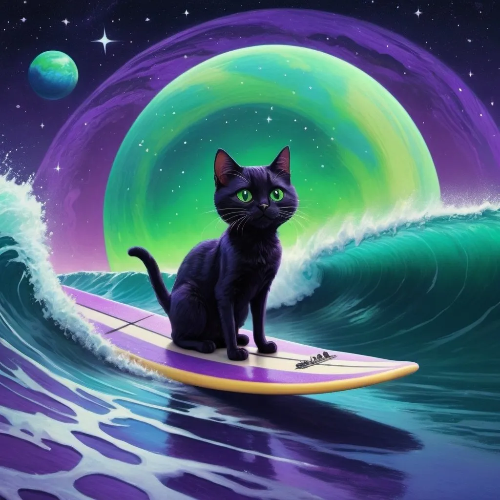 Prompt: A black cat rides a surfboard on a green and purple planet, the ocean is a deep blue, there are many stars in the sky