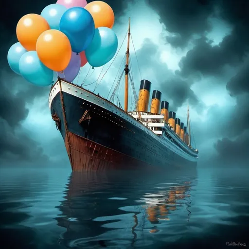 Prompt: Ghost on the sinking Titanic, holding colorful balloons, eerie ghostly presence, haunted ship, high quality, digital painting, surreal, dramatic lighting, ghostly blue tones, detailed water reflections, historical tragedy, vintage attire, translucent figure, gloomy atmosphere, eerie glow, surreal, vibrant balloons, hauntingly beautiful, detailed, ghostly presence, dramatic, surreal lighting